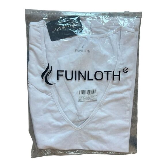 NWT Womens Fuinloth White Deep V Neck Cuffed Sleeve Top - Sz L - Picture 2 of 2